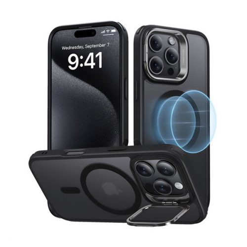 ESR HYBRID HALOLOCK szilikon telefonvédő (ütésállóság, légpárnás sarok, kitámasztó, MagSafe, matt) FEKETE