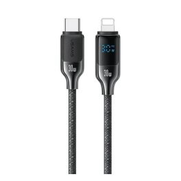   USAMS HX adatkábel (Type-C - lightning, 30W, PD gyorstöltő, cipőfűző, LED kijelző, 120cm) FEKETE