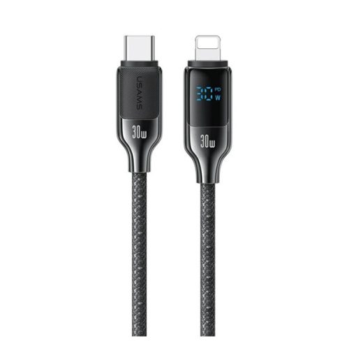 USAMS HX adatkábel (Type-C - lightning, 30W, PD gyorstöltő, cipőfűző, LED kijelző, 120cm) FEKETE