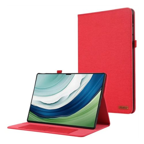 Tok álló, bőr hatású (FLIP, oldalra nyíló, asztali tartó, textil hatás) PIROS