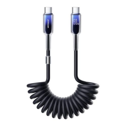 JOYROOM CRYSTAL-CLEAR adatkábel (Type-C - Type-C, 60W, 2A, PD gyorstöltő, spirálkábel, 150cm) FEKETE