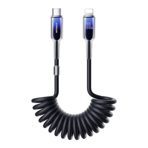 JOYROOM CRYSTAL CLEAR adatkábel (Type-C - lightning, 30W, 2A, PD gyorstöltő, spirálkábel, 150cm) FEKETE