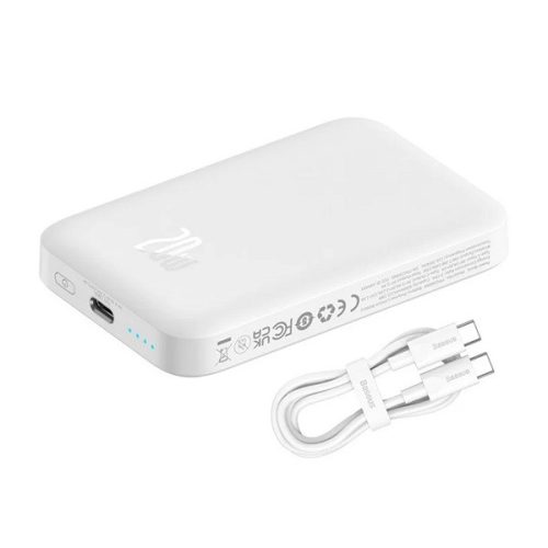BASEUS MAGNETIC MINI vésztöltő Type-C aljzat (6000mAh, 20W, PD gyorstöltő, wireless, MagSafe + Type-C kábel) FEHÉR