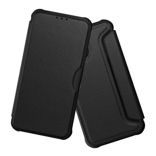 Tok álló, bőr hatású (FLIP, oldalra nyíló, ütésállóság, légpárnás sarok, kameravédő, karbon minta) FEKETE