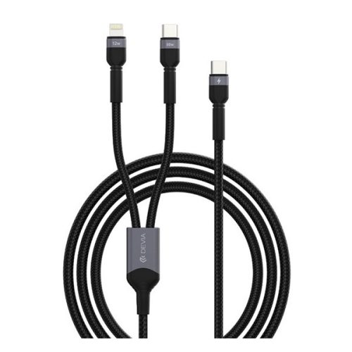 DEVIA EXTREME adatkábel 2in1 (Type-C - Type-C/lightning, 15W, PD gyorstöltő, cipőfűző, 120cm) FEKETE
