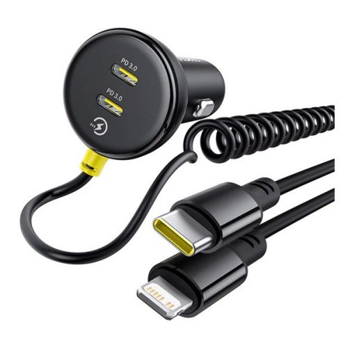 BASEUS autós töltő 2 Type-C aljzat (27W, PD gyorstöltő + fix spirál Type-C - lightning kábel) FEKETE