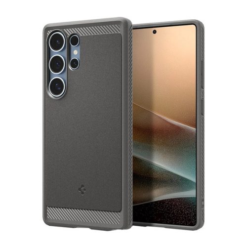 SPIGEN RUGGED ARMOR szilikon telefonvédő (ütésállóság, légpárnás sarok, karbon minta, MagSafe) VILÁGOSSZÜRKE