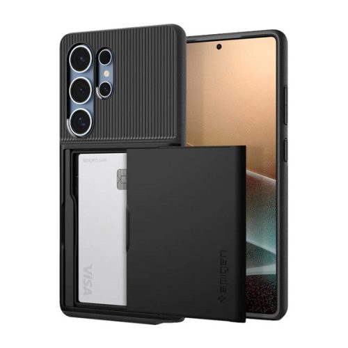 SPIGEN SLIM ARMOR CS szilikon telefonvédő (műanyag hátlap, kártyatartó, ütésállóság, légpárnás sarok) FEKETE