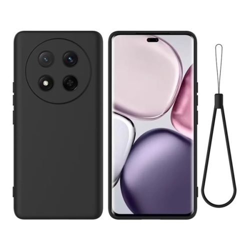 Szilikon telefonvédő (matt, mikrofiber plüss karcolásmentesítő belső, prémium + kézpánt) FEKETE