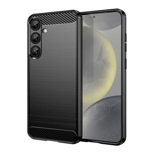 Szilikon telefonvédő (ütésállóság, légpárnás sarok, szálcsiszolt, karbon minta) FEKETE