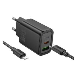   HOCO N61 hálózati töltő USB+Type-C aljzat (20W, PD gyorstöltő 3.0 + lightning kábel) FEKETE
