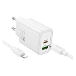 HOCO N63 hálózati töltő USB+Type-C aljzat (30W, PD gyorstöltő 3.0 + lightning kábel) FEHÉR   HOCO N63 hálózati töltő USB+Type-C aljzat (30W, PD gyorstöltő 3.0 + lightning kábel) FEHÉR