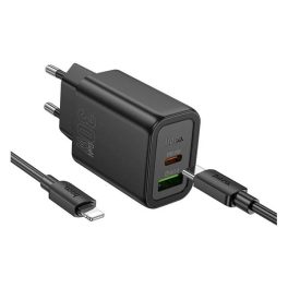   HOCO N63 hálózati töltő USB+Type-C aljzat (30W, PD gyorstöltő 3.0 + lightning kábel) FEKETE