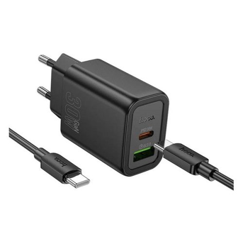 HOCO N63 hálózati töltő USB+Type-C aljzat (30W, PD gyorstöltő 3.0 + Type-C kábel) FEKETE