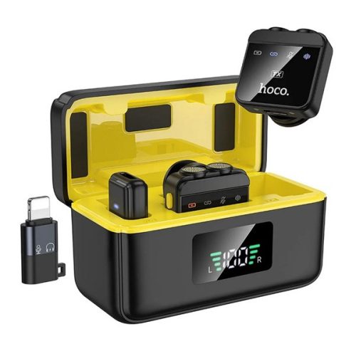 HOCO L17 bluetooth mikrofon 2db (Type-C, lightning, LAVALIER csíptethető, zajszűrő + töltőtok) FEKETE