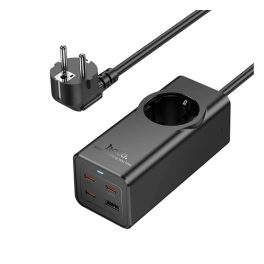   HOCO NS9 hálózati elosztó AC+USB+3 Type-C aljzat (67W, PD gyorstöltő 3.0 + 200cm tápkábel) FEKETE