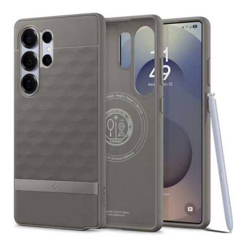 SPIGEN PARALLAX szilikon telefonvédő (ütésállóság, légpárnás keret, MagSafe, 3D rombusz) VILÁGOSSZÜRKE