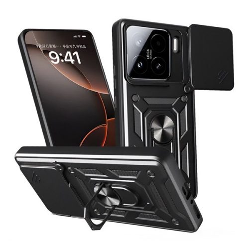 Defender szilikon telefonvédő (ütésállóság, tartógyűrű, kameravédő) FEKETE