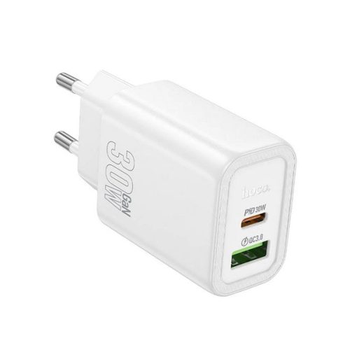 HOCO N63 hálózati töltő USB+Type-C aljzat (30W, 3A, PD gyorstöltő 3.0) FEHÉR
