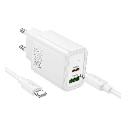 HOCO N63 hálózati töltő USB+Type-C aljzat (30W, PD gyorstöltő 3.0 + Type-C kábel) FEHÉR
