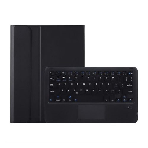 Tok álló, bőr hatású (FLIP, bluetooth billentyűzet, asztali tartó, QWERTY, angol nyelvű) FEKETE