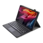 Tok álló, bőr hatású (FLIP, bluetooth billentyűzet, asztali tartó, QWERTY, angol nyelvű) FEKETE