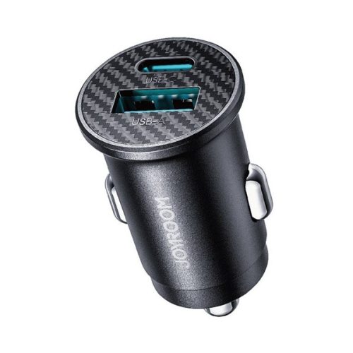 JOYROOM autós töltő USB+Type-C aljzat (15W, PD gyorstöltő, mini, karbon minta) FEKETE