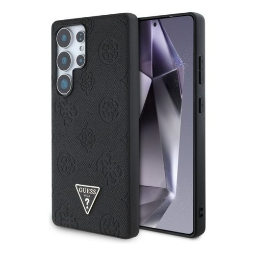 GUESS GRAINED HOT STAMP PEONY PATTERN szilikon telefonvédő (ütésállóság, bőr hatású hátlap, MagSafe) FEKETE