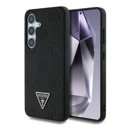 GUESS GRAINED HOT STAMP PEONY PATTERN szilikon telefonvédő (ütésállóság, bőr hatású hátlap, MagSafe) FEKETE