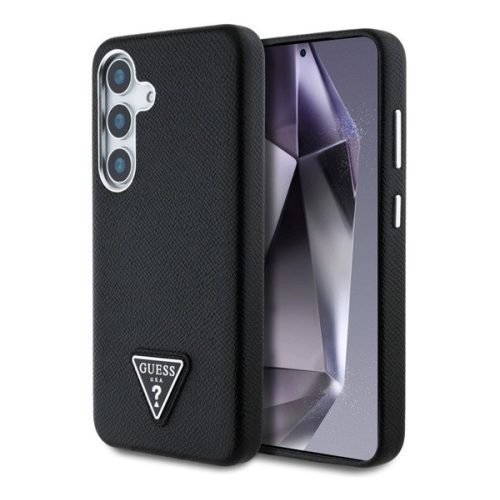 GUESS GRAINED TRIANGLE szilikon telefonvédő (ütésállóság, bőr hatású hátlap, MagSafe) FEKETE