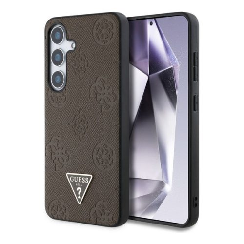 GUESS GRAINED HOT STAMP PEONY PATTERN szilikon telefonvédő (ütésállóság, bőr hatású hátlap, MagSafe) SÖTÉTBARNA
