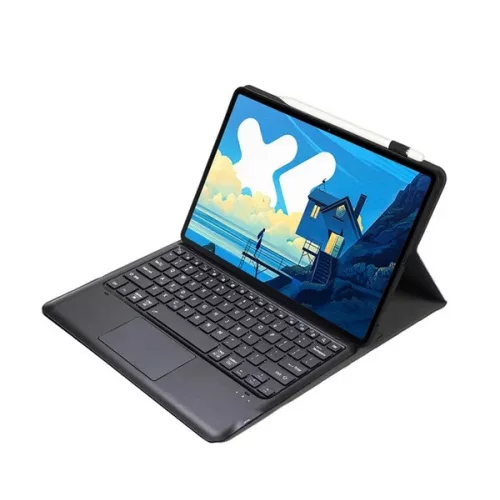 Tok álló, bőr hatású (FLIP, bluetooth billentyűzet, asztali tartó, QWERTY, angol nyelvű) FEKETE