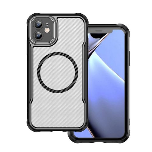 Szilikon telefonvédő (ütésállóság, légpárnás sarok, kameravédő, karbon minta, MagSafe) FEKETE