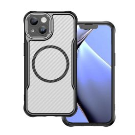   Szilikon telefonvédő (ütésállóság, légpárnás sarok, kameravédő, karbon minta, MagSafe) FEKETE