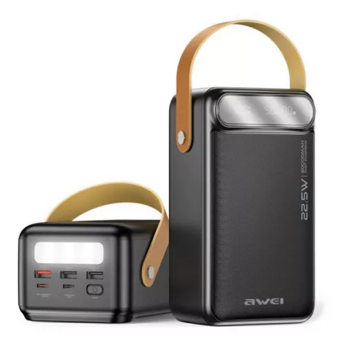 AWEI P101K vésztöltő 3 USB+2 Type-C aljzat (60000mAh, 22.5W, PD gyorstöltő, LED kijelző, LED lámpa) FEKETE