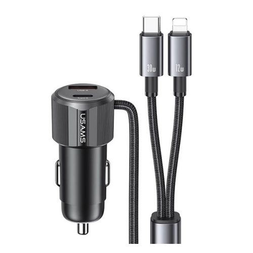 USAMS autós töltő USB+Type-C aljzat (66W, PD gyorstöltő + fix Type-C - lightning kábel) FEKETE