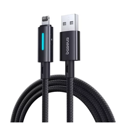 BASEUS adatkábel (USB - lightning, 2.4A, PD gyorstöltő, cipőfűző, törésgátló, LED kijelző, 100cm) FEKETE