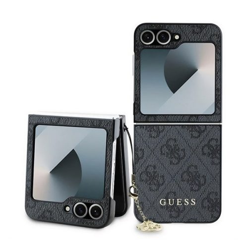 GUESS 4G CHARMS műanyag telefonvédő (textil hátlap, telefondísz) SÖTÉTSZÜRKE