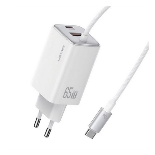 USAMS JC hálózati töltő Type-C aljzat (66W, PD gyorstöltő, GaN + fix Type-C kábel) FEHÉR