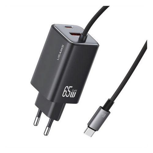 USAMS JC hálózati töltő Type-C aljzat (65W, PD gyorstöltő, GaN + fix Type-C kábel) FEKETE