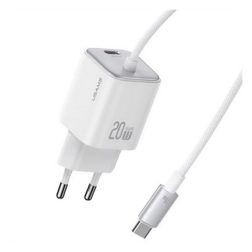 USAMS JC MINI hálózati töltő Type-C aljzat (20W, PD gyorstöltő, GaN + fix Type-C kábel) FEHÉR