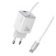USAMS JC MINI hálózati töltő Type-C aljzat (20W, PD gyorstöltő, GaN + fix Type-C kábel) FEHÉR