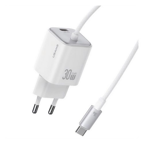 USAMS JC MINI hálózati töltő Type-C aljzat (30W, PD gyorstöltő, GaN + fix Type-C kábel) FEHÉR