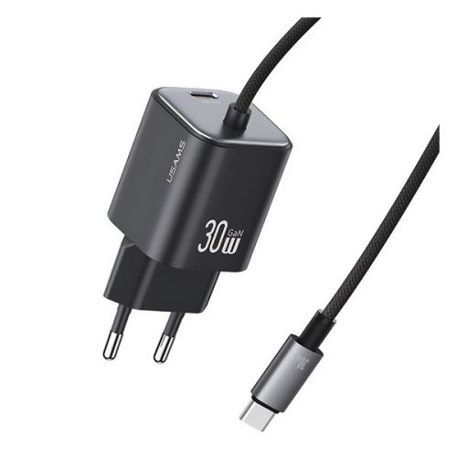 USAMS JC MINI hálózati töltő Type-C aljzat (30W, PD gyorstöltő, GaN + fix Type-C kábel) FEKETE