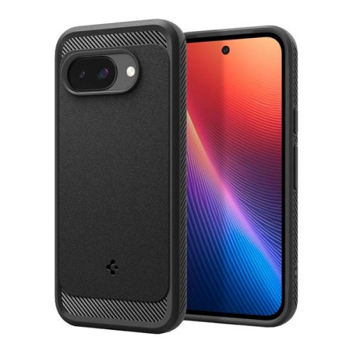 SPIGEN RUGGED ARMOR szilikon telefonvédő (ütésállóság, légpárnás sarok, karbon minta, MagSafe) FEKETE
