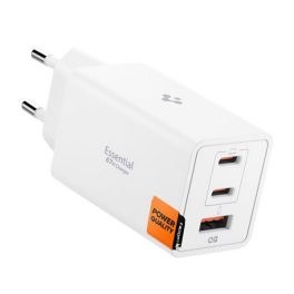   SPIGEN ESSENTIAL hálózati töltő USB+2 Type-C aljzat (67W, GaN, PD gyorstöltő 3.0) FEHÉR