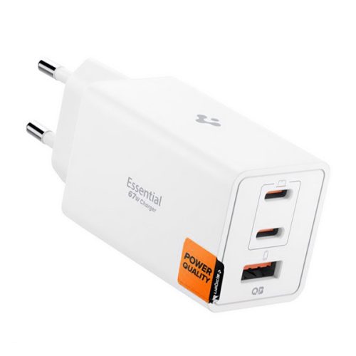 SPIGEN ESSENTIAL hálózati töltő USB+2 Type-C aljzat (67W, GaN, PD gyorstöltő 3.0) FEHÉR