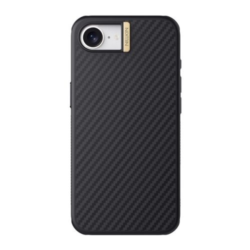 NILLKIN SYNTHETIC FIBER PRO műanyag telefonvédő (aramid bevonat, légpárnás sarok, karbon minta, MagSafe) FEKETE/ARANY