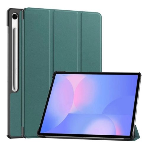 Tok álló, bőr hatású (aktív FLIP, oldalra nyíló, TRIFOLD, asztali tartó, ceruza tartó) SÖTÉTZÖLD