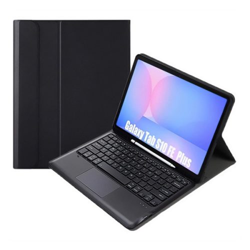 Tok álló, bőr hatású (FLIP, bluetooth billentyűzet, asztali tartó, QWERTY, angol nyelvű) FEKETE